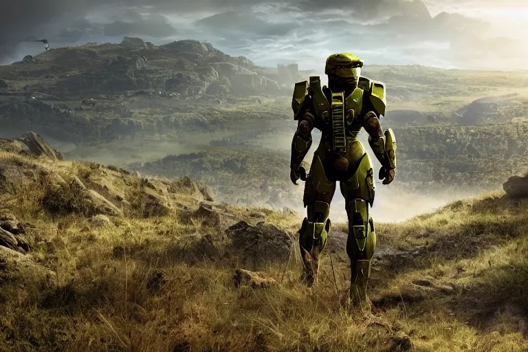 halo master chief on a hill, cinematic, 8 k, back Stable Diffusion