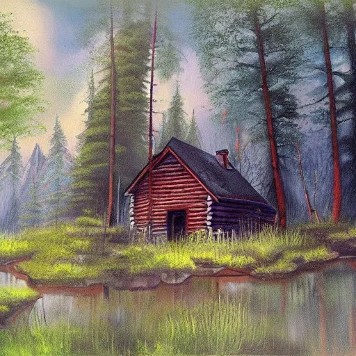 a painting of a cabin in the woods, an airbrush Stable Diffusion