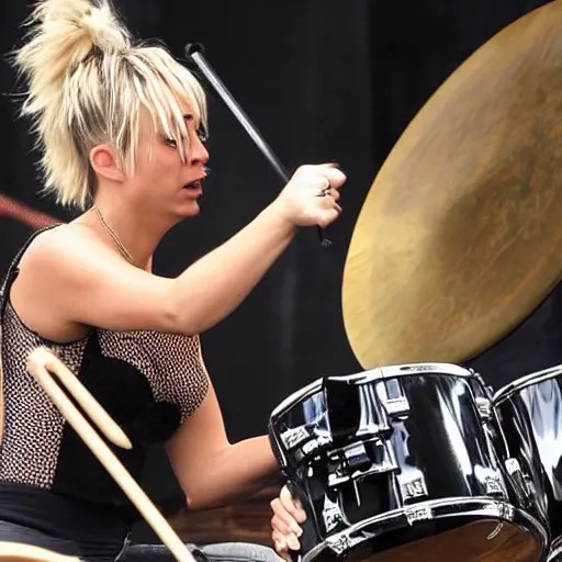 Kaley Cuoco behind a drumkit, metal music Stable Diffusion