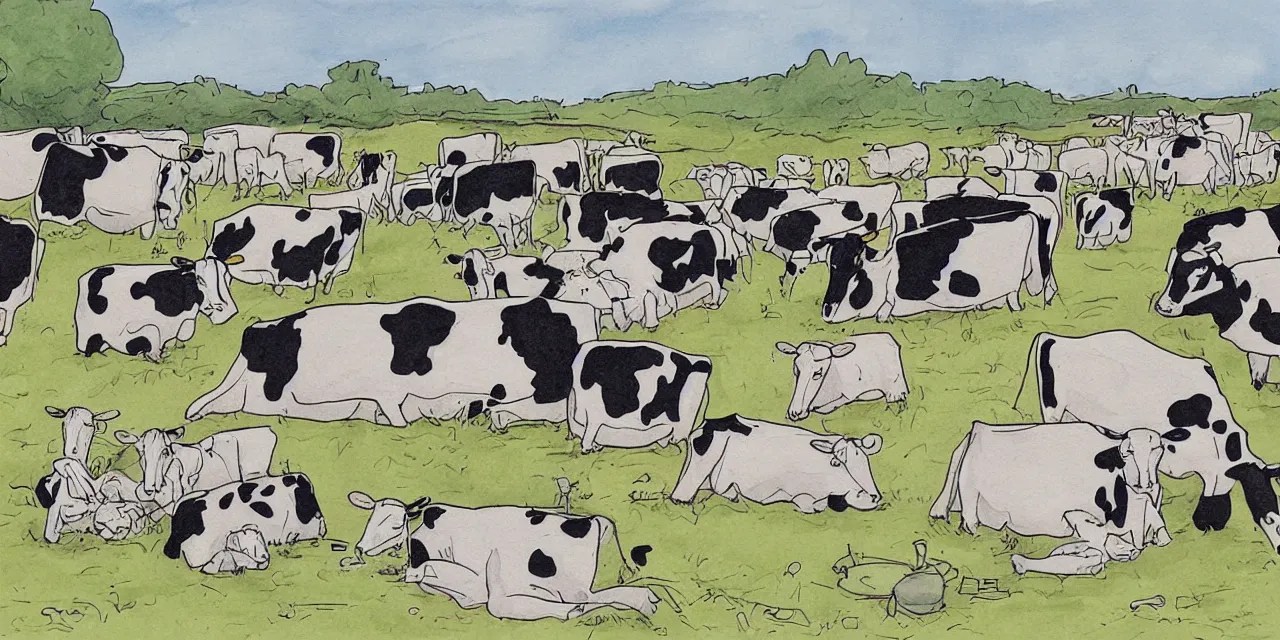 cartoon, cows resting after a day rounding up humans Stable Diffusion