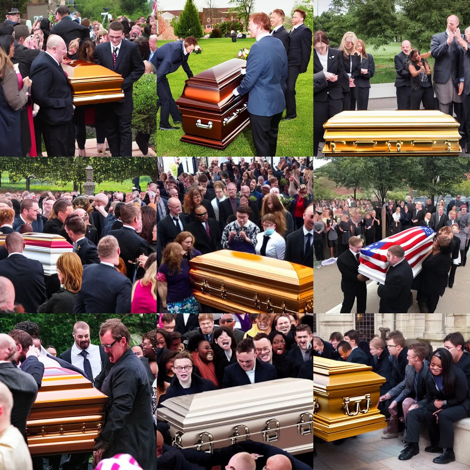 people hysterically laughing at an open casket funeral Stable