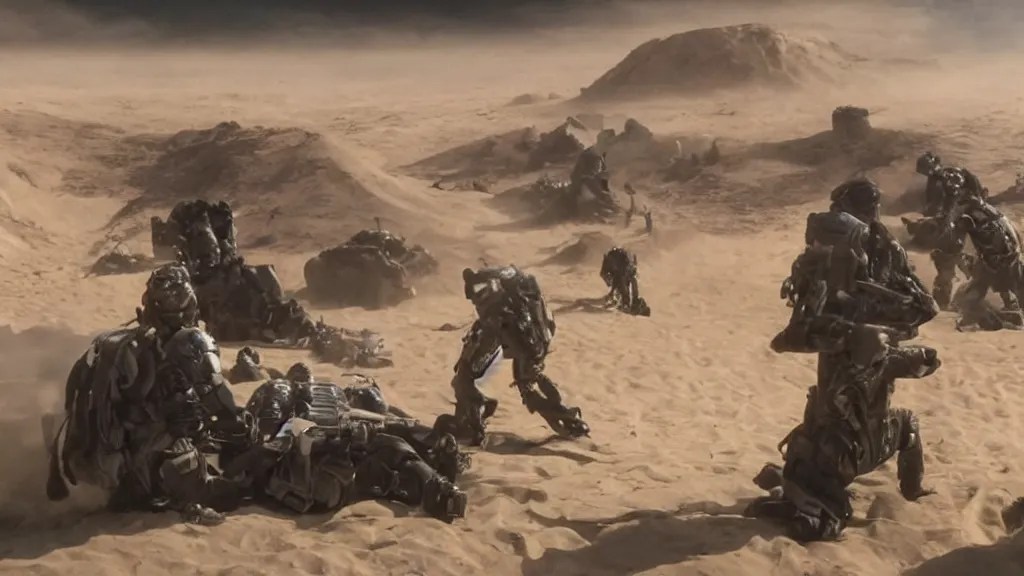 aliens arriving dune, film still from the movie Stable Diffusion