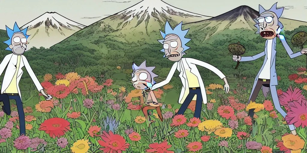 Rick and Morty in a Field of mixed flowers, Mount Fuji Stable