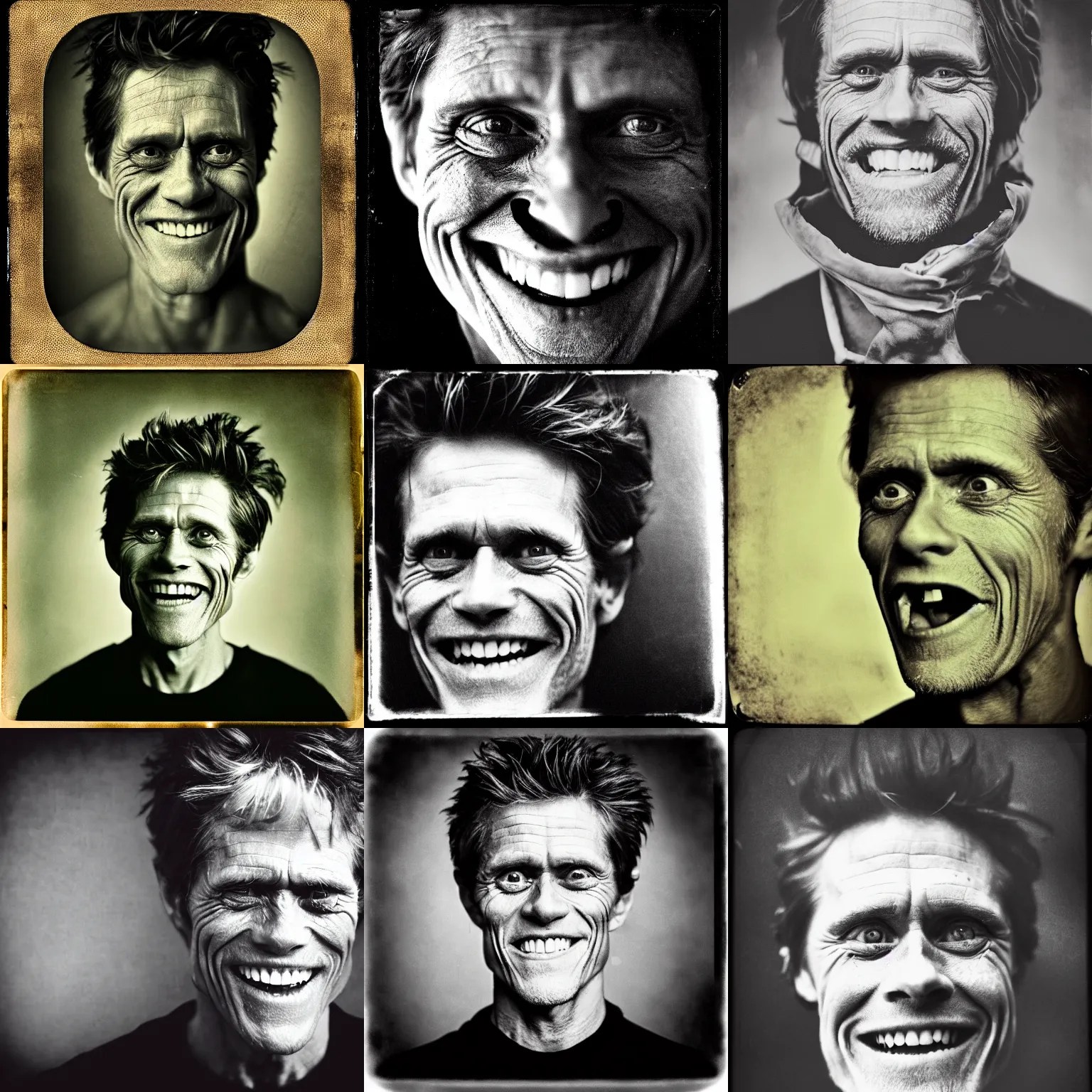 !dream a tintype photo of willem dafoe maniacally Stable Diffusion