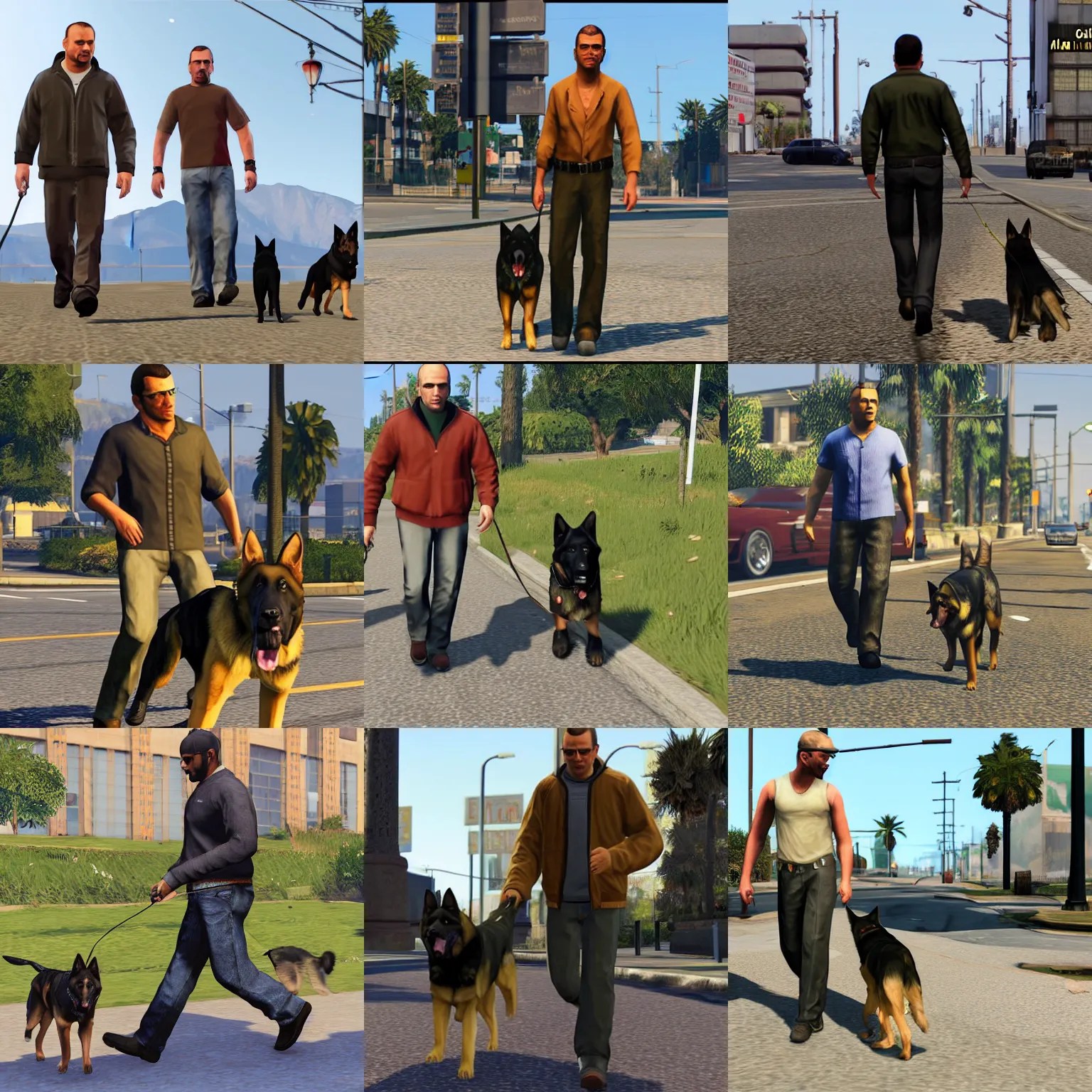 Man walking along german shepherd, detailed, GTA V Stable Diffusion