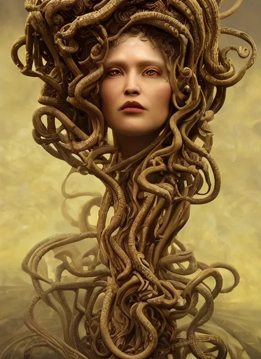 medusa made of wax, wooden art nouveau swirls, strong Stable