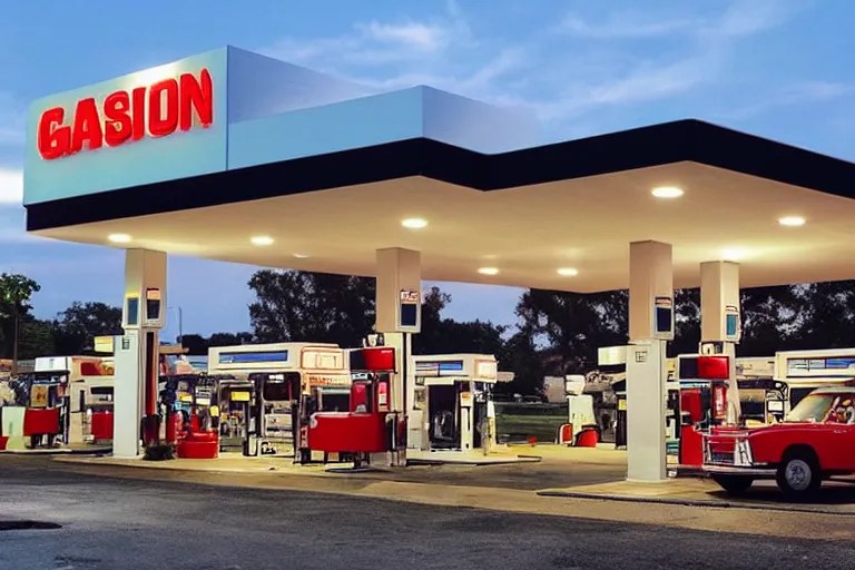 a beautiful luxurious gas station, retro and 1 9 8 0 s Stable