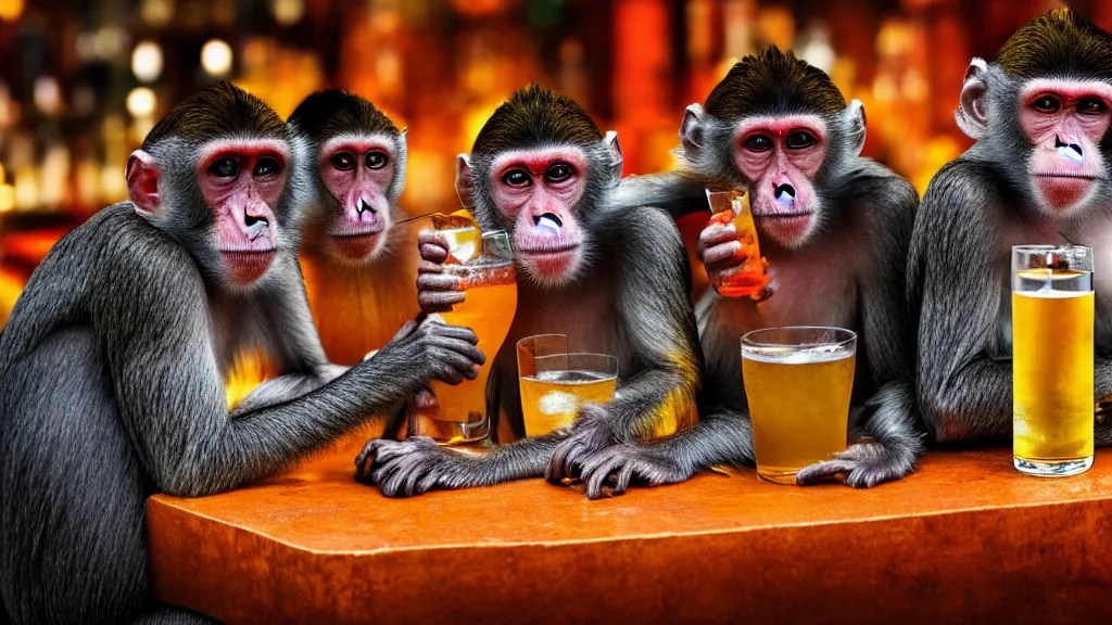 monkeys drinking alcohol, inside a bar, vibrant Stable Diffusion