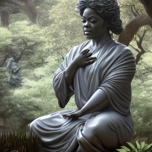 marble statue of oprah winfrey meditating in a rococo Stable
