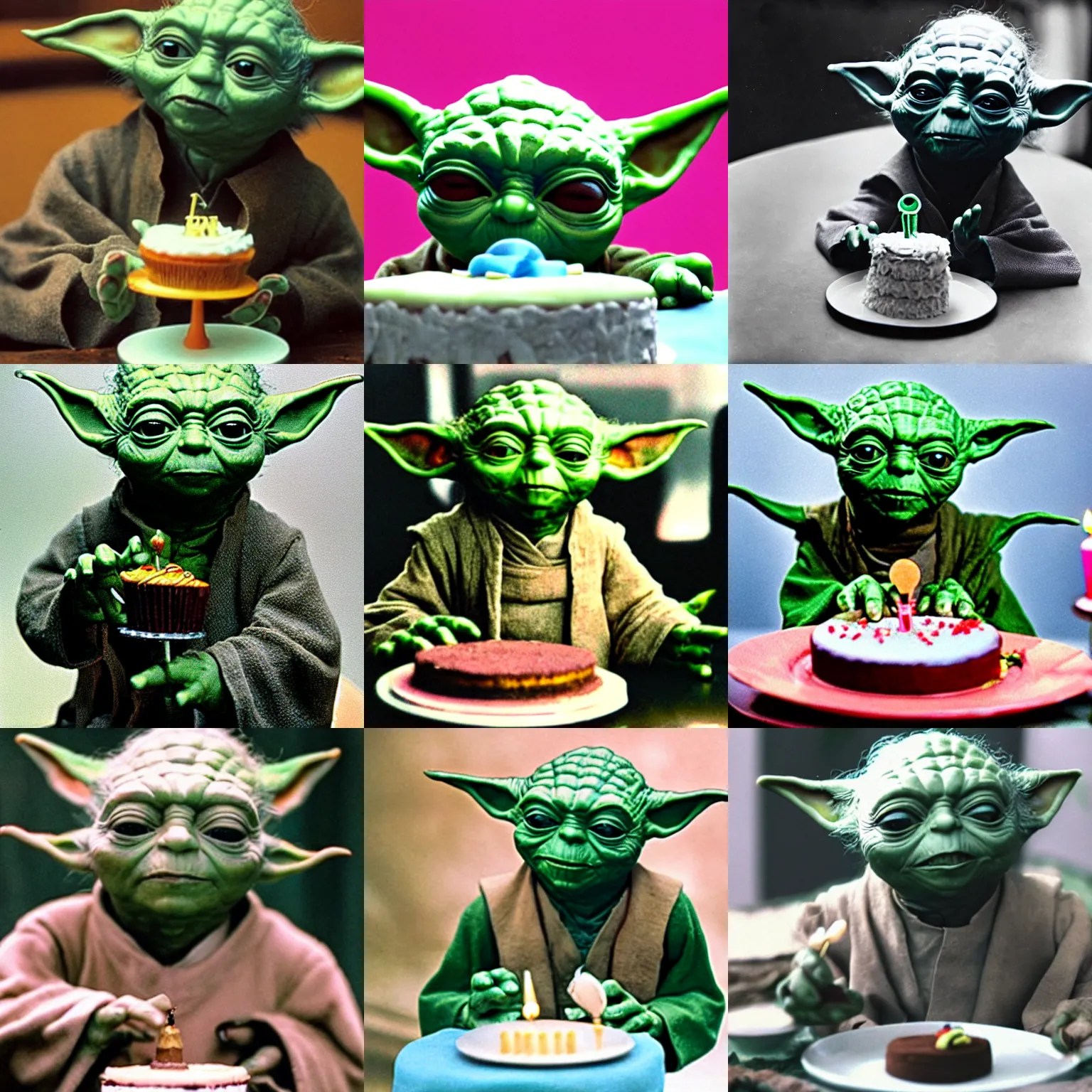 a photograph of yoda eating a fancy birthday cake Stable Diffusion