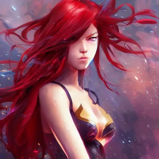 Anime girl as superhero, long hair, red hair, made by Stable
