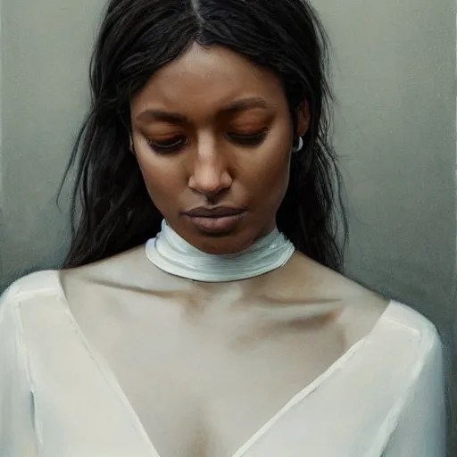 kylie bunbury, white dress, downward gaze, choker Stable Diffusion