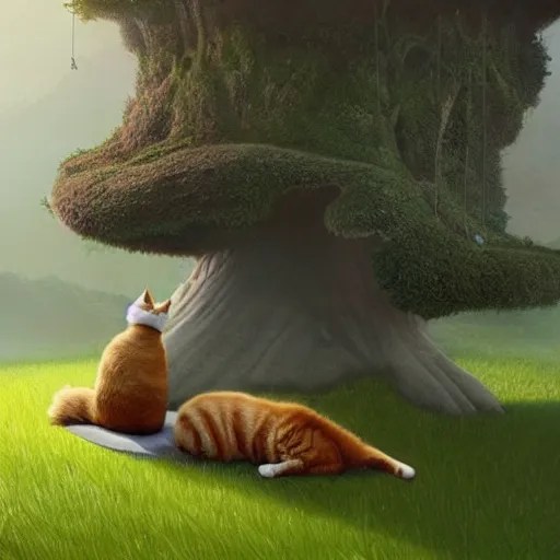 one cat zen master meditating on hillside, next to a Stable Diffusion