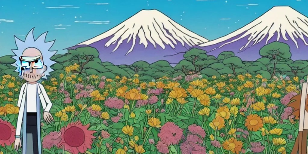Rick and Morty in a Field of mixed flowers, Mount Fuji Stable
