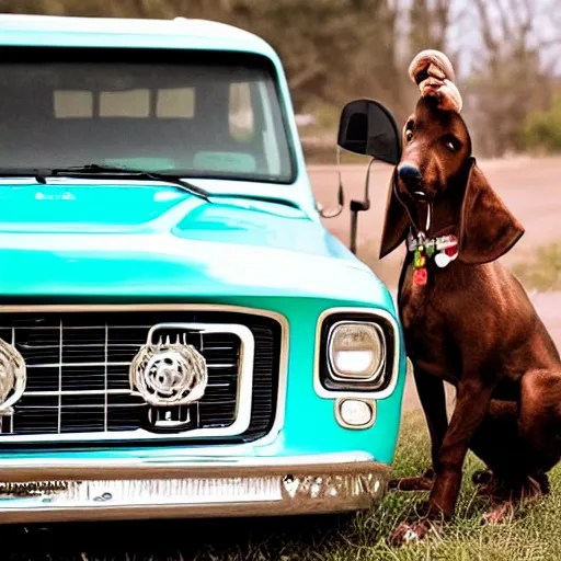A folkpunk brown hound dog playing the banjo in front Stable