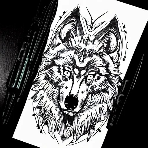 tattoo stencil. pencil line drawing, vector, logo, wolf Stable