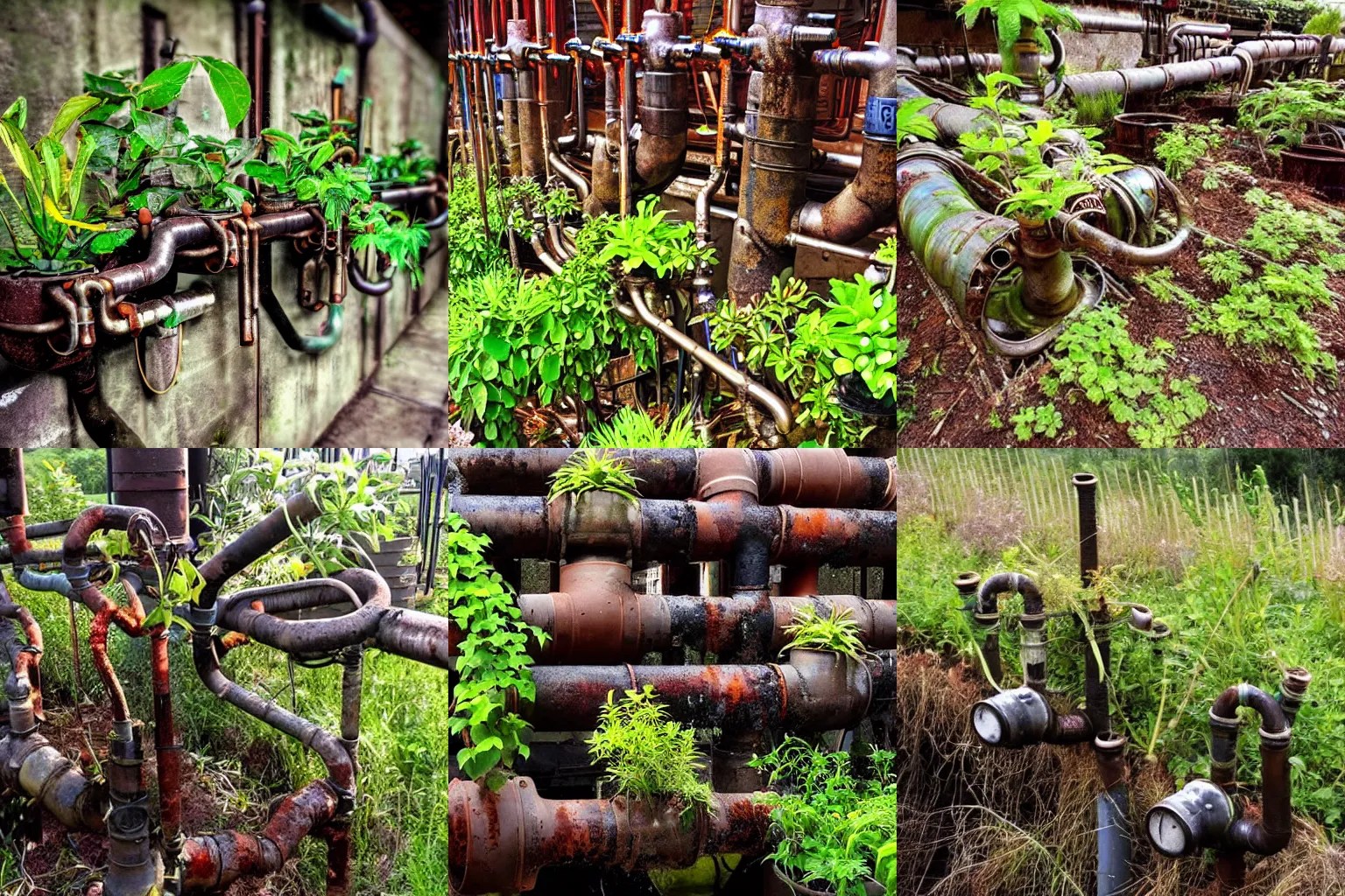 plants growing out of old rusty pipes, steampunk Stable Diffusion