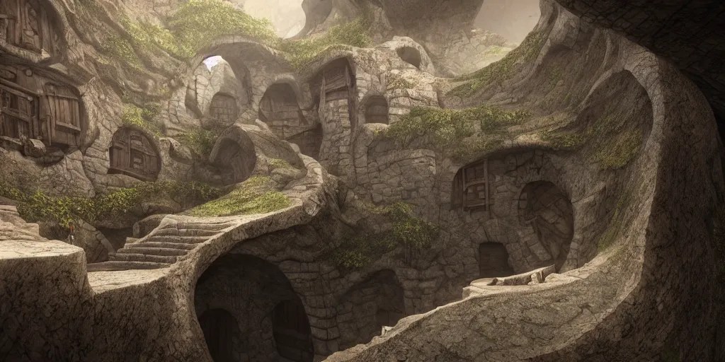 a round bottomless chasm, houses are carved into the Stable Diffusion