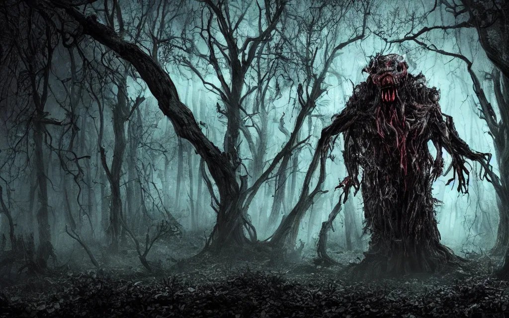 A horror scene of a terrifying monster hiding behind a Stable Diffusion