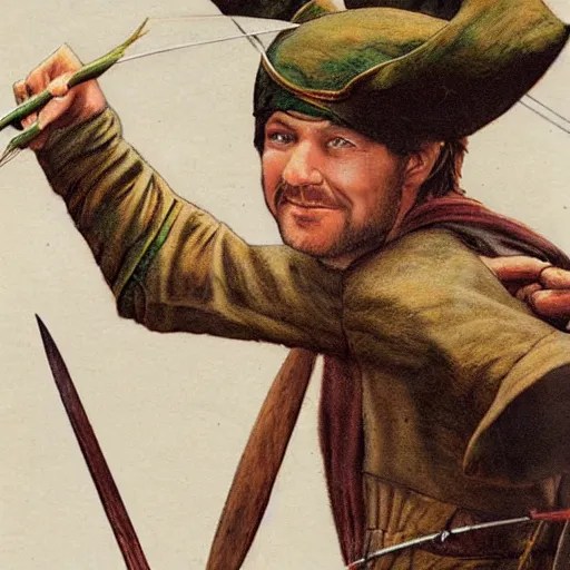 Robin hood closeup, drawing an arrow from his quiver, Stable