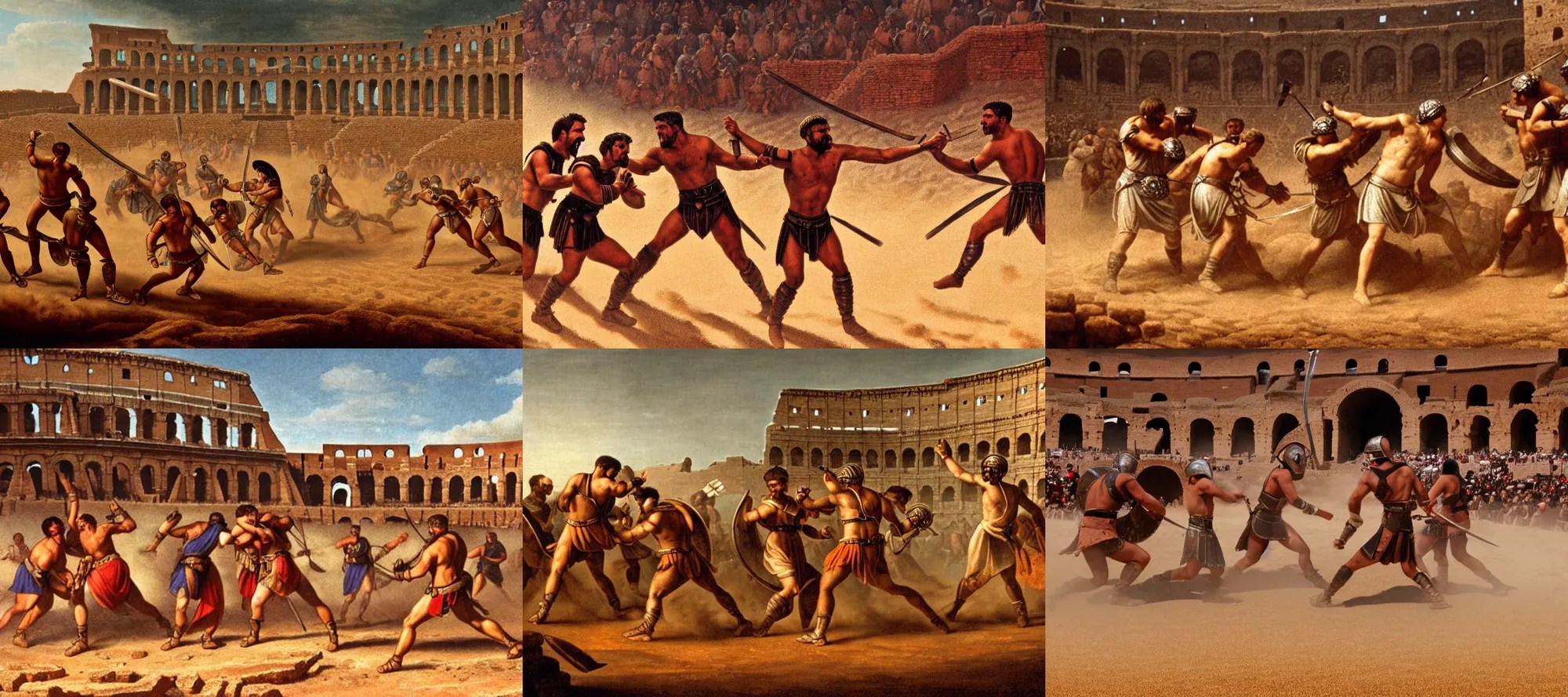 Gladiators fighting in a roman colosseum sandstorm Stable Diffusion