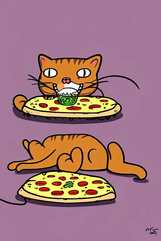 digital drawing of a cat eating pizza on the beach by Stable