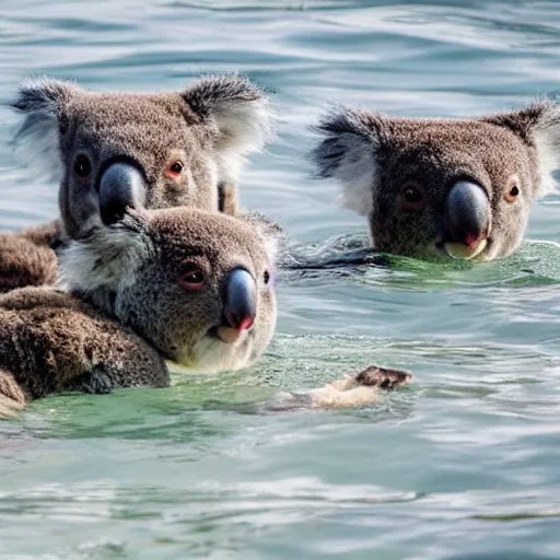 4 koalas swimming in the ocean as people watch Stable Diffusion