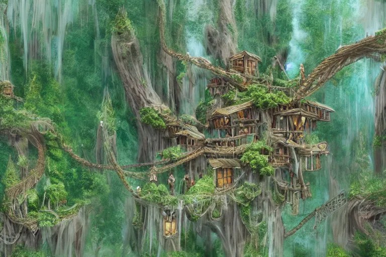 a wood elf village suspended high up in the redwood Stable Diffusion