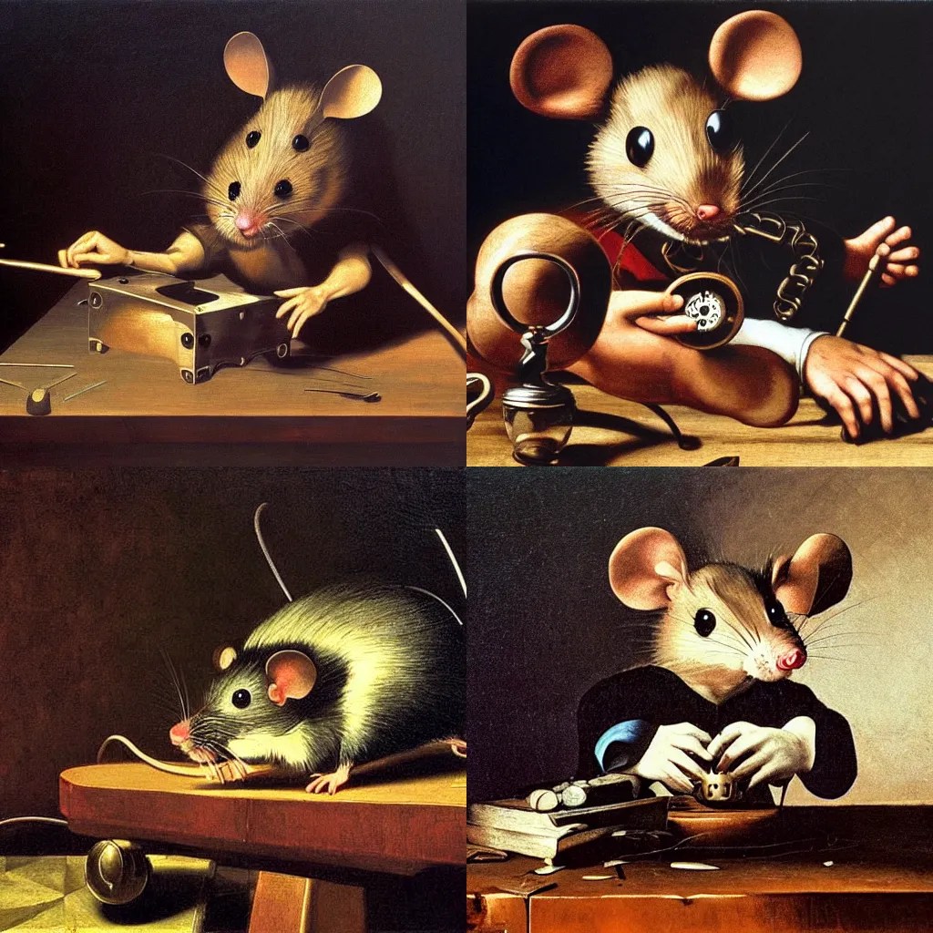 a clockwork mouse on a wooden table, oil painting by Stable Diffusion