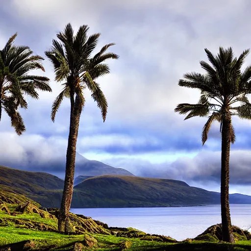 Scottish mountains with palm trees, photograph, 8k Stable Diffusion