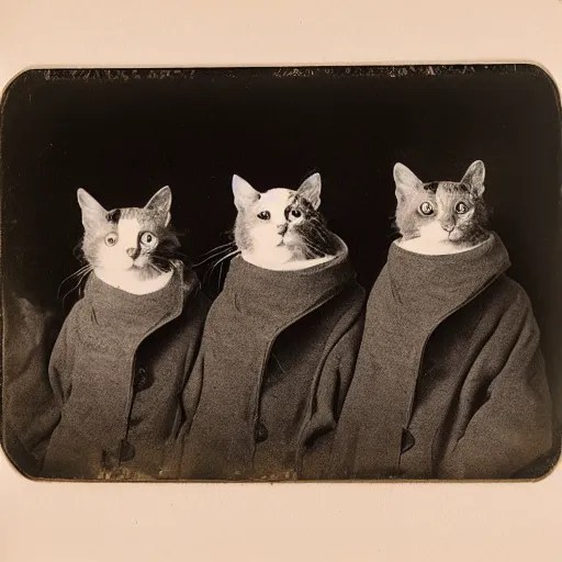 daguerreotype of 3 cats in a trench coat Stable Diffusion