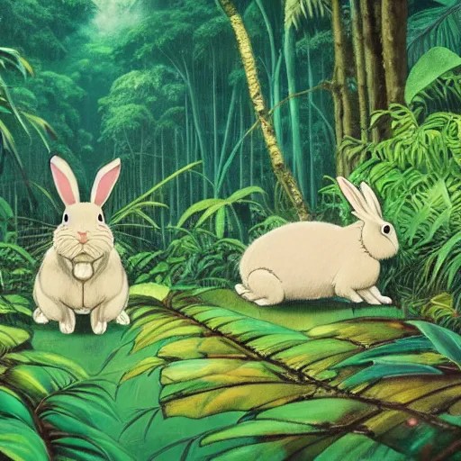 rabbits chasing in tropical rainforest, hayao miyazaki Stable Diffusion