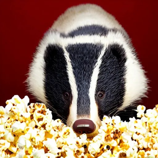 badger eating delicious perfectly prepared popcorn, Stable Diffusion