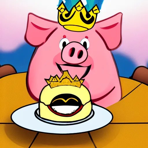 pig wearing a crown smiling throwing food up in the Stable Diffusion