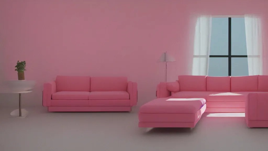 pink velour sofa, white walls, daytime, soft light Stable Diffusion