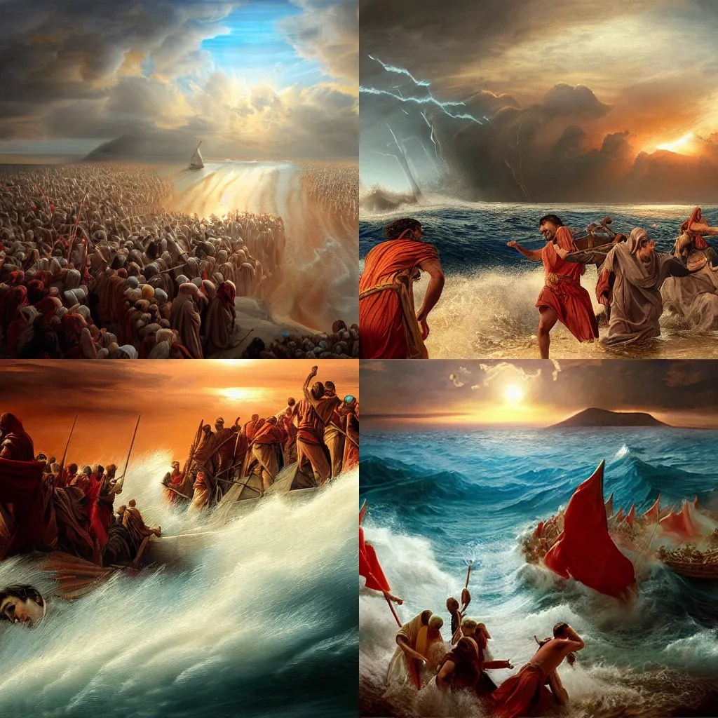 illustration of the parting of the Red Sea, Biblical, Stable Diffusion OpenArt