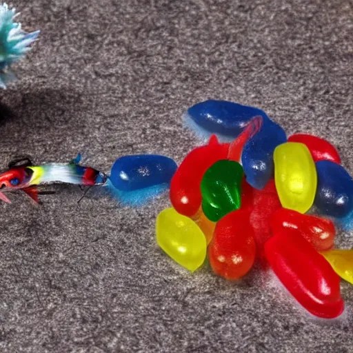 using gummi worm bait to fish for swedish fish Stable Diffusion