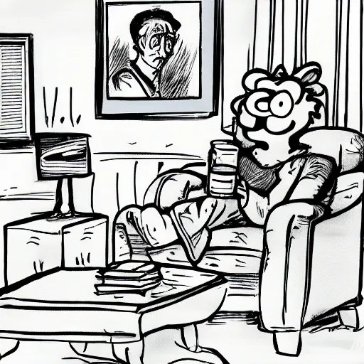 A very sad Jon Arbuckle sitting in his living room at Stable