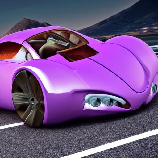 a purple sports car shaped like a horshoe crab, ribs, Stable