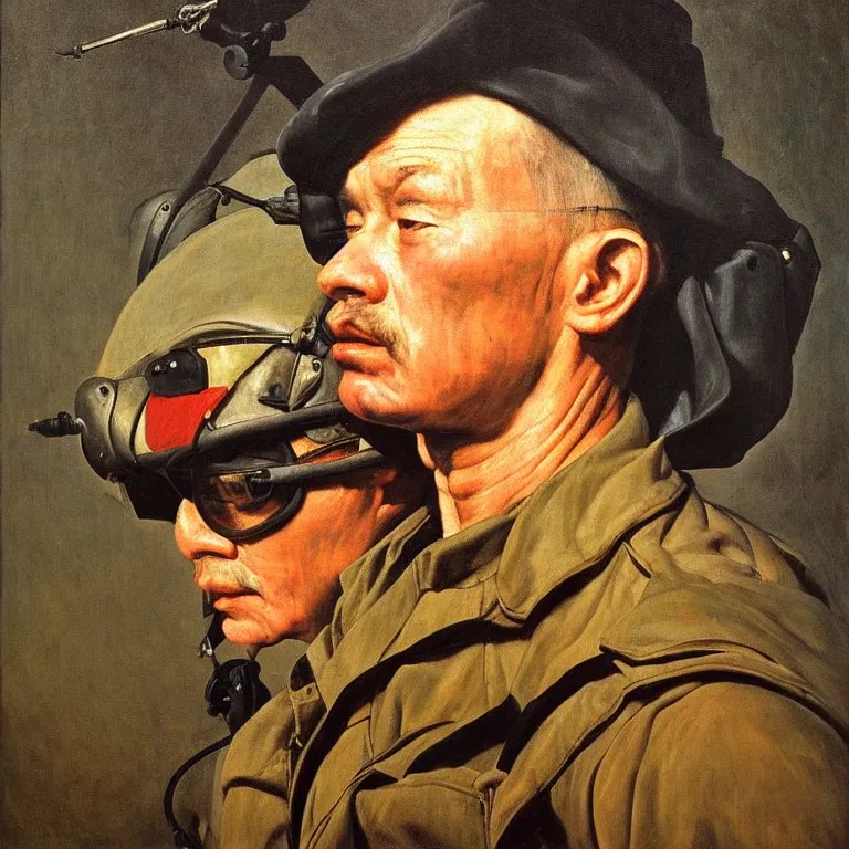 portrait of a vietnam war soldier, majestic, posing in Stable