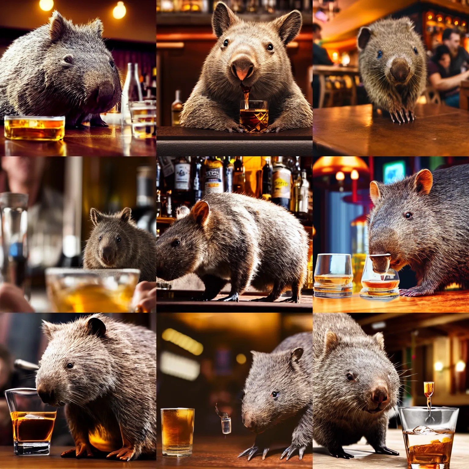 a wombat drinking whiskey in a bar full of people, 4k Stable