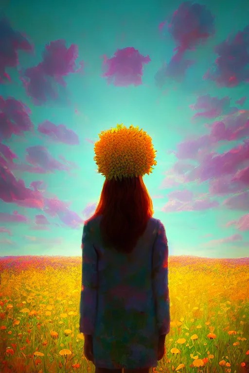 closeup, huge flower head, girl standing in a field of Stable