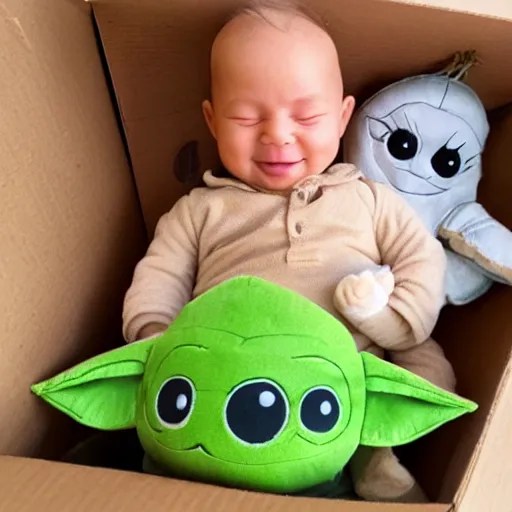 An open cardboard Amazon box full of baby Yoda plushies Stable