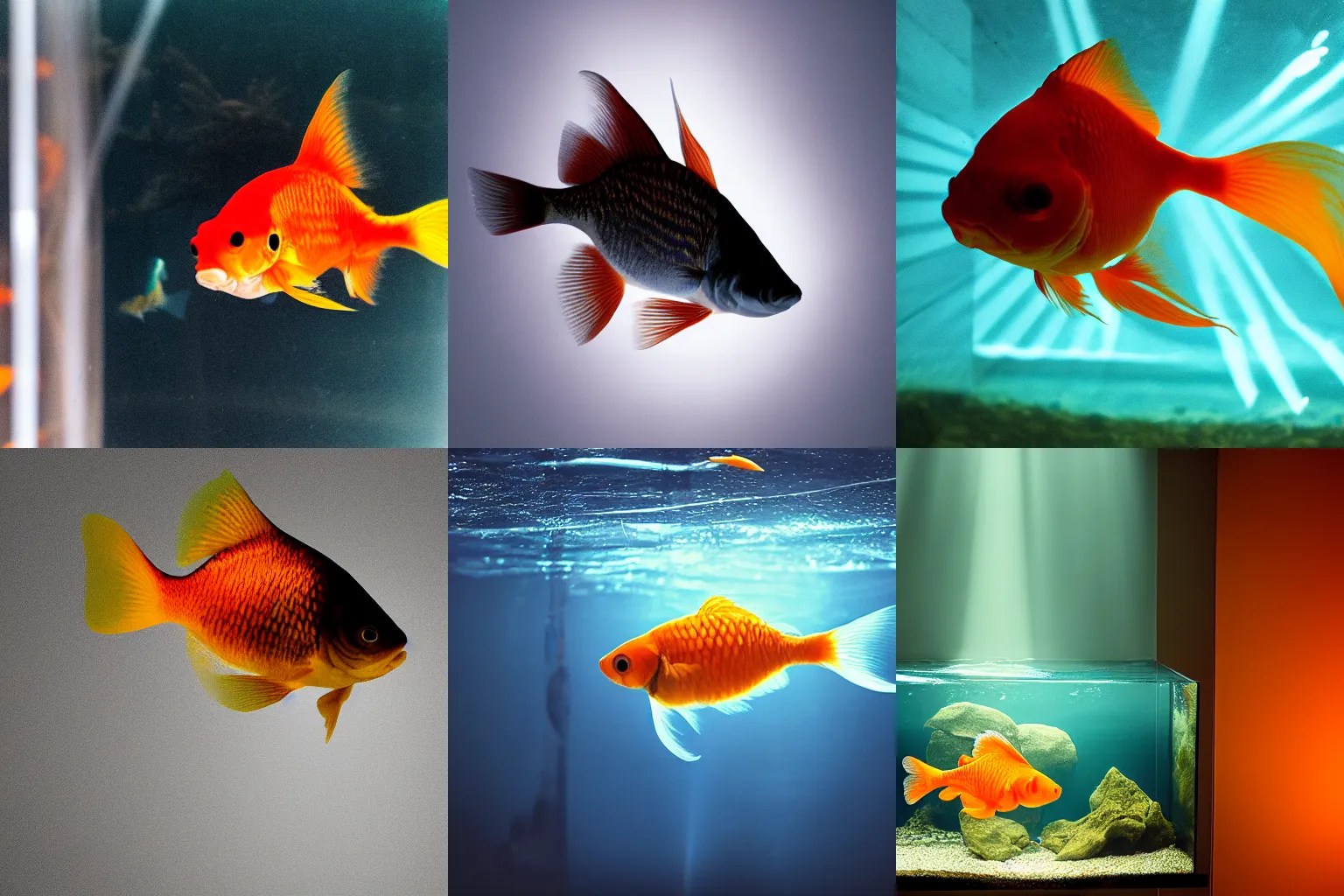 A goldfish inside an aquarium, light rays, studio light Stable