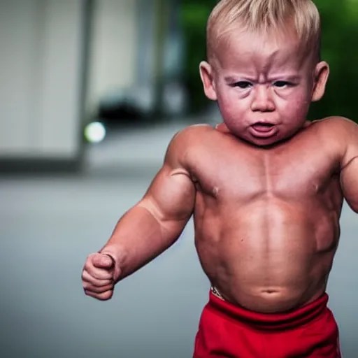 huge muscles bodybuilder toddler, angry, ready to Stable Diffusion