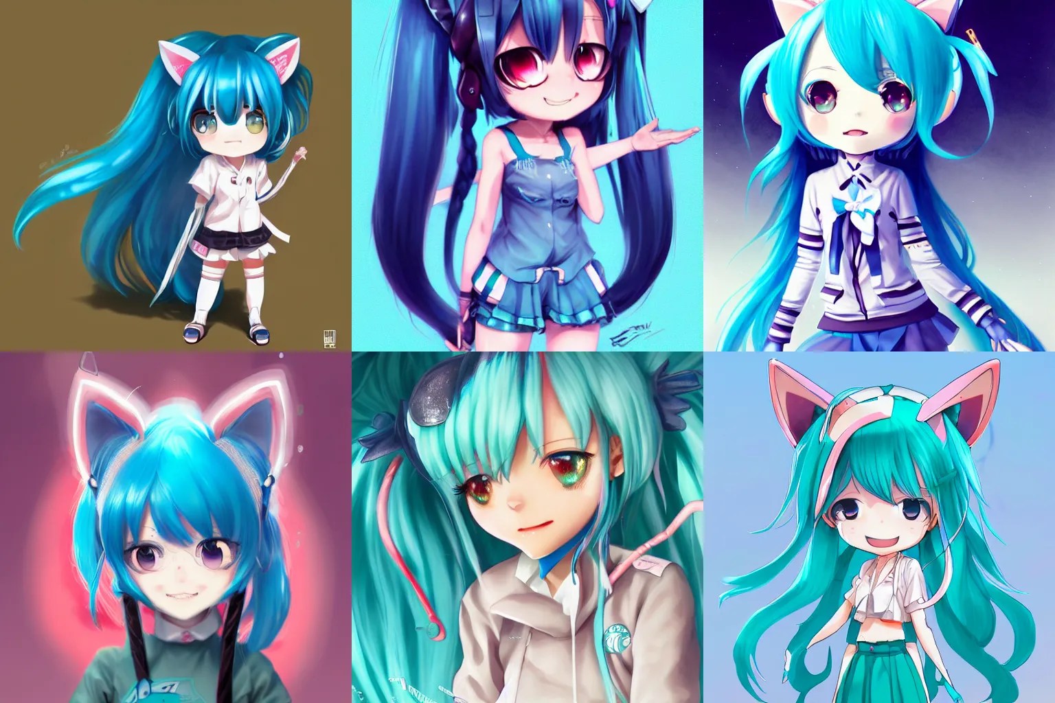 kawaii chibi anime cat girl Hatsune Miku has blue Stable Diffusion