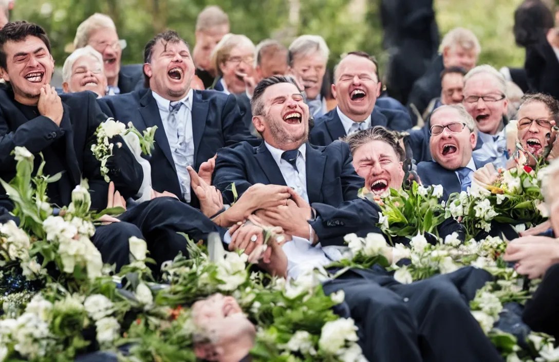 a man laughing hysterically at a funeral while Stable Diffusion
