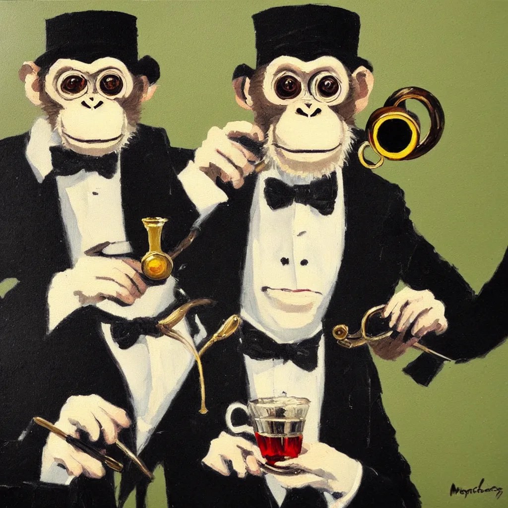 a monkey wearing a monocle and a top hat drinking tea, Stable Diffusion