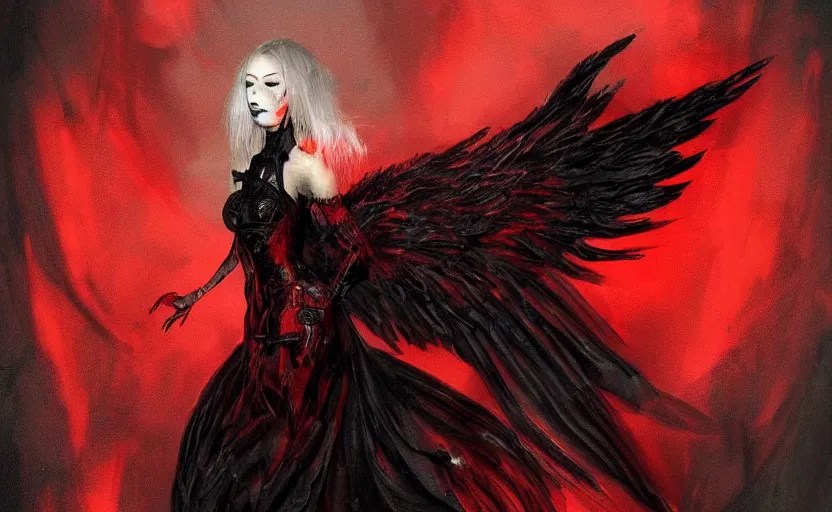 Female dark angel in gothic red and black dress, their Stable Diffusion