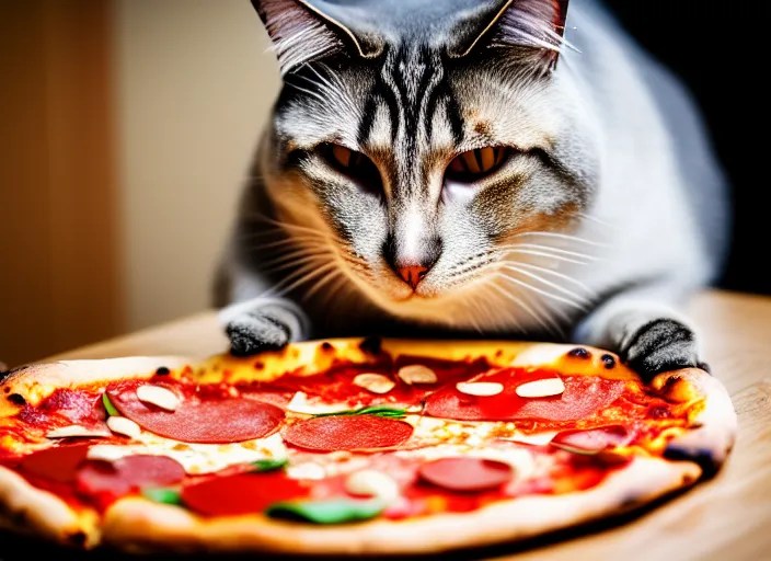 photo of a very fat cat eating pizza. nikon d 8 5 0 5 Stable Diffusion